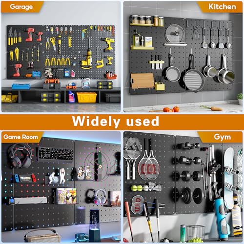 Image of Peg Board, 112PCS Heavy Duty Metal Pegboard with Hooks, 6 Pack Black Peg Board Panels, 60lbs Load Capacity Each, Pegboard Wall Organizer for Garage, Workshop, Kitchen, Craft Rooms