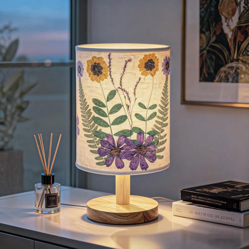 Xmpmrb Artisan Crafted Floral Pressed Nightstand Lamp - Handmade Vintage Table Light with Adjustable Warm Glow for Bedroom, Office, or Living Room Decor (Purple)