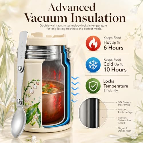 Image of Insulated Stainless Steel 1060ml Lunch Box with 350ml Tumbler | Leakproof Hot Cold Food Container | BPA-Free Cute Tiffin Box for Kids, School, Office, Travel, Picnic (Lily of the Valley Floral)