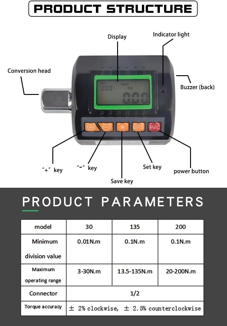 CGOLDENWALL Electronic Torque Wrench 1/2" 2-200Nm Adjustable Professional High Accuracy New Digital Torque Adapter Guage Bike Car Home Repair Tool (20-200N.m)