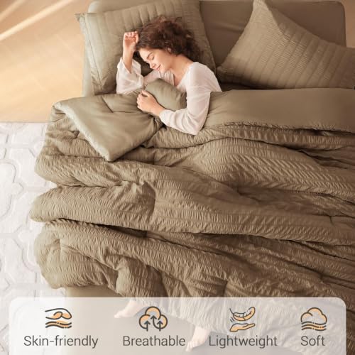 Image of MUXHOMO 7 Pieces Oversized Queen Comforter Set, Seersucker Bed in a Bag Oversized Queen Size, All Season Luxury Bedding Set with Comforter, Flat Sheet, Fitted Sheet, Pillowcases & Shams, Brown