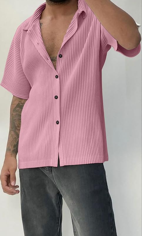 Image of MiraMichi Men's Regular Fit Long Shirt - Corduroy Fabric, Striped Pattern, Half Sleeves, Ideal for Casual