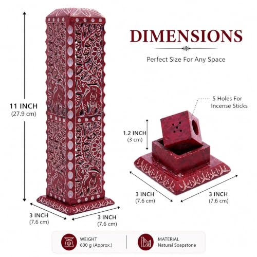 Image of Handmade Marble Soapstone Incense Stick Burner | Candle Stick Holder | Tea Light Burner - Flower and Elephant Carving Decorative (3 x 3 x 11 Inches)(Square, Red)