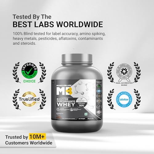 Image of MuscleBlaze Biozyme Performance Whey Protein Powder, Rich Chocolate (2kg / 4.4lbs) & Micronised Creatine Monohydrate CreAMP, Unflavoured (32 Servings, 100g) | Combo Pack