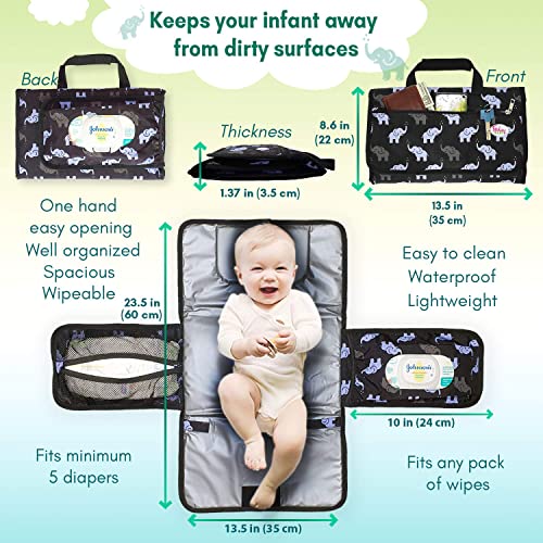 Image of Portable Diaper Changing Pad - Use One Handed - Slim and Easy to Clean Waterproof Diaper Clutch w/Pockets for Wipes and Diapers | Travel Changing Pad for Diaper Bag | Elephant Baby Stuff