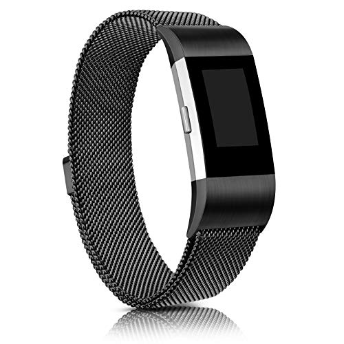 Demark Cinturino di ricambio compatibile con Fitbit Charge 2, in acciaio inox, a rete metallica, compatibile con Fitbit Charge 2, da uomo e da donna, taglia S, L (nero, S)
