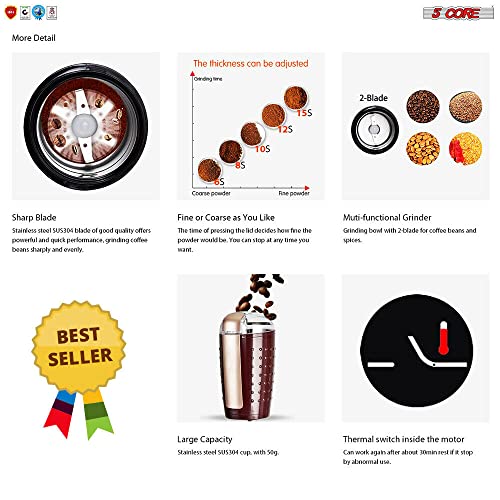 5 Core Coffee Grinder 5 Ounce Electric Large Portable Compact 150W Spice Grinder With Stainless Blade Grinder Perfect For Spices, Dry Herbs Grinds Course Fine Ground Beans For 12 Cups Coffee (Brown) #TOP2