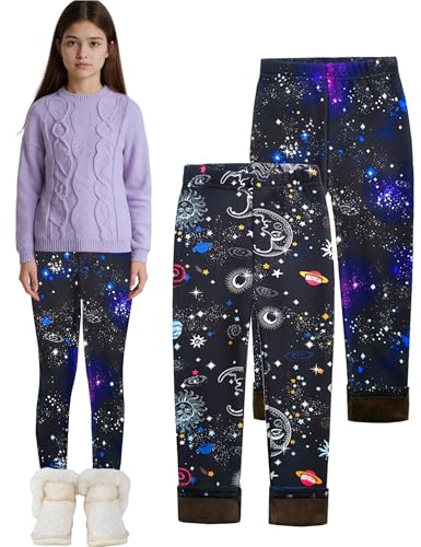 Kiench Girls Fleece Lined Leggings Winter Thermal Pants Printed Pack of 2