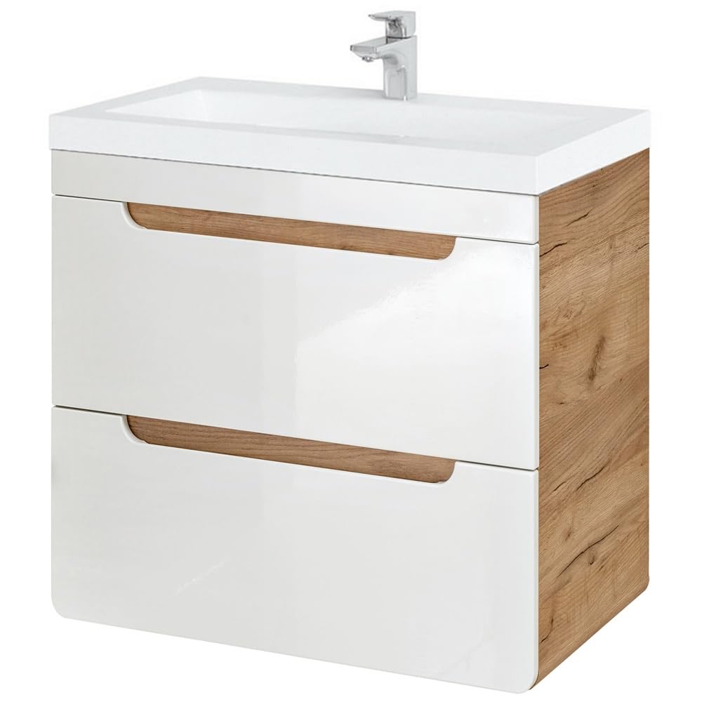 Lomadox Waschtischunterschrank 61 cm mit Keramik-Waschtisch LUTON-56 Hochglanz weiß mit Wotan Eiche Nb. B/H/T ca. 61/63/46 cm