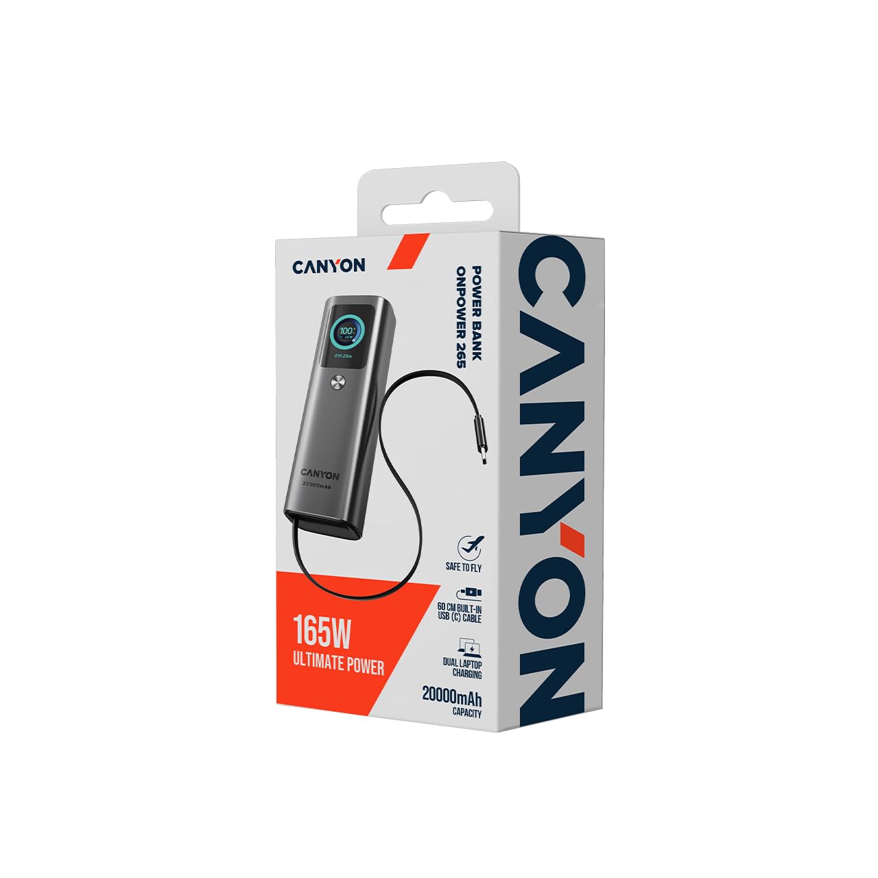 CANYON OnPower 265 Power Bank 20000 mAh 165 W, Dual 100 W USB-C, USB-A, cavo USB-C integrato da 60 cm, display TFT, approvato dalle compagnie aeree, grigio scuro