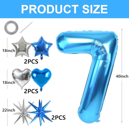 Image of TONIFUL 7th Birthday Balloons Kit 40 Inch Blue Large Number 7 Foil Balloon