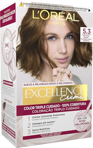 L'Oréal Paris Pack 3 Excellence Crème Tinte 5.3 Castaño Claro Dora - Triple Cuidado con Pro-Keratina, Ceramida e Ioneno G