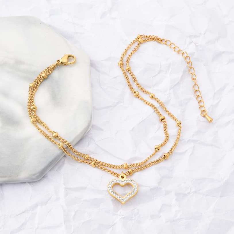 Cavigliere Gioielli di Fascia Alta Zircone Incorporato Amore a Forma di Cuore Fascino Cavigliera a Catena con Perline a 2 Strati per cavigliere da Donna
