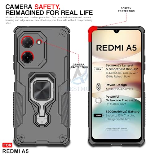 Image of AESTMO Armor Back Cover for Redmi A5 / Poco C71 | Ring Holder & Kickstand & Camera Protection in-Built | 360 Degree Protection Back Case Cover (Black)