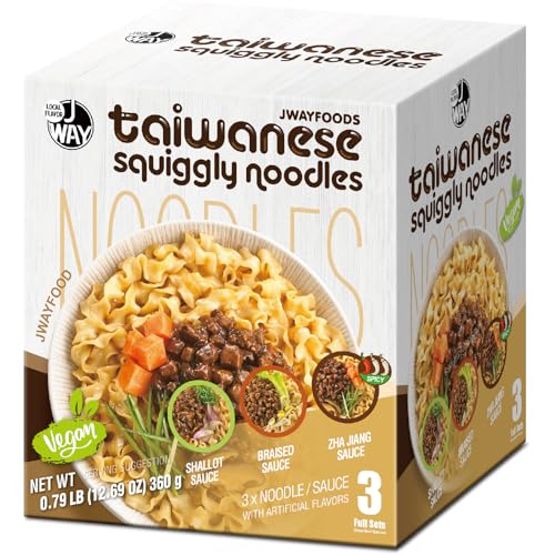 J WAY Instant Taiwan Squiggly Noodles Variety Pack, 4.23 Ounce (Pack of 3) Air-Dried Vegan Chinese Asian Knife Cut Noodles, High Protein Ready to Eat Top Noodles, 3 Flavors