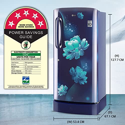 Image of LG 190 L 5 Star Inverter Direct-Cool Single Door Refrigerator Appliance (GL-D201ABCZ, Blue Charm, Base stand with Drawer, 2022 Model)