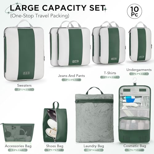 Image of OlarHike 10 Set Compression Packing Cubes for Travel Essentials,Compressible Expandable Space Saver Bags for Organizing Clothes,Luggage Suitcase Garment Bags with Over 1000 pcs Mesh Holes(Dark Green)