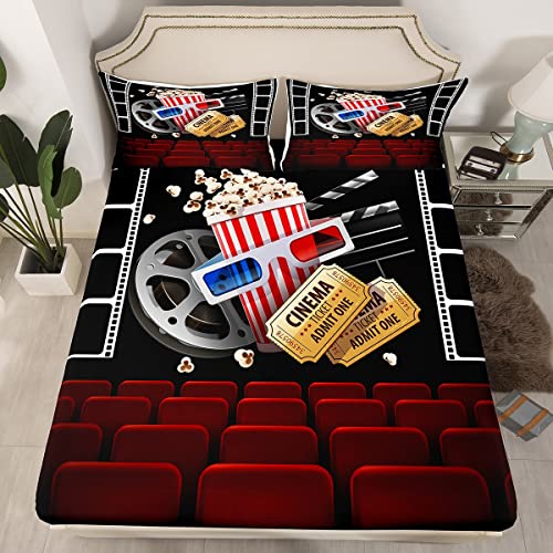 Erosebridal Movie Theme Fitted Sheet Movie Theater Style Bedding Vintage Cinema Ticket Bed Sheets Gifts for Boys Girls Kids Filmstrip Printed Bed Set Home Clapboard Popcorn Print Bedroom Dec