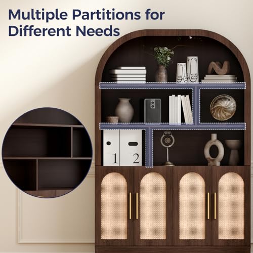 Image of 71 inch Tall Wide Arched Storage Cabinet, 5-Tier Rattan-Door Bookcase with Divider Shelf & Gold Pull Handles, Wood Versatile Pantry Organizer for Living Room /Kitchen /Office, Walnut