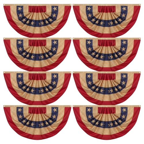 Fanfanwin 8 Pcs 1.5x3 ft Tea Stained Patriotic Bunting Flags 250th Anniversary Patriotic Decoration Hanging American Half Fan Flag Banner for Outside Independence Day Memorial Day with Brass Grommet