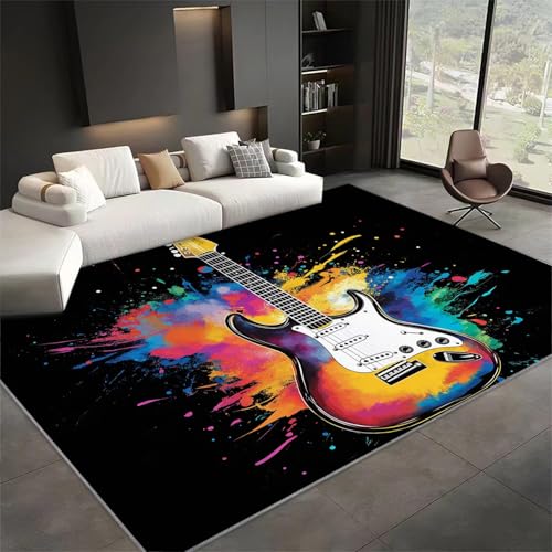 Tapis Salon Instrument de Musique Rock Guitare pour Chambre Tapis Poils Ras 100 x 160 cm, Art Musical Tapis de Salon, Tapis Rectangulaire Antidérapant, Idéal pour Les Salons et Les Couloirs