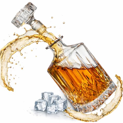 Krollmann Whiskey Karaffe - 0,8 Liter Glaskaraffe in Kristall Flaschen Optik Whiskykaraffe zum servieren und als Geschenk für den Mann - Hausbar Dekanter zum Umfüllen von Alkohol und Getränken 800 Ml