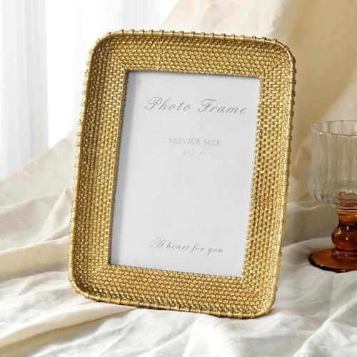 Vintage Gold 5x7 Picture Frame, Gold Metal Rattan Textured Hand-Crafted Photo Frame with Glass Front Antique Picture Frame for Tabletop Display & Wall Display, Retro Design Home Decor
