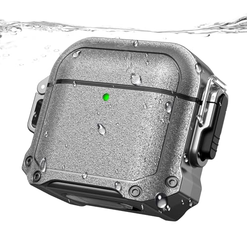 Image of RFUNGUANGO Locking Case for AirPods 4th Generation - Waterproof, Shockproof, Rugged Full Body Case for AirPods 4th Generation - with Carabiner Clip, with Cleaning Kit-Silver-Grey