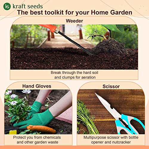Kraft Seeds Tool Kit for Garden -7 Pcs (Cultivator, Hand Fork, Big & Small Trowels, Weeder, Garden Gloves, Garden Scissors) | Gardening Tools for Home Gardening | Best and Durable Plants Tool Set |