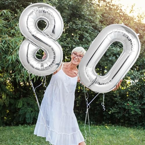 Image of Number Balloons Silver Party Balloon - Giant Number 80 Balloon, 40 Inch Large Balloon for 80th Birthday Decorations, Silver Party Supplies for Anniversary