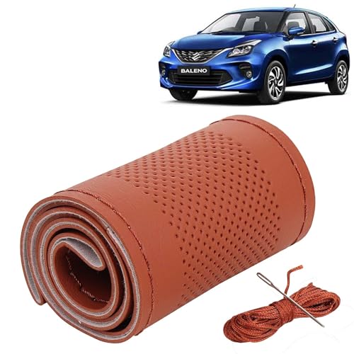 Image of KINGSWAY PU Leatherite Car Steering Cover Sewable Compatible with Maruti Suzuki Baleno (Year 2019-2022), Tan Color with Tan Thread, Pack of 1 with Sewing Needle and Thread