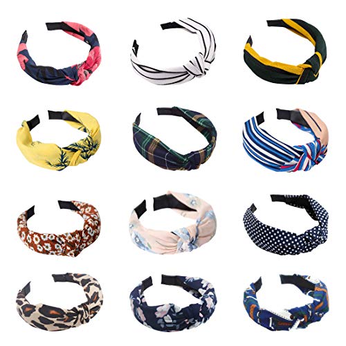 LZYMSZ Bow Noeud Bandeau,12PCS Twist Noeud Bandeaux Larges Rayures Tissu Croix Noeud Cerceau De Cheveux, Accessoire De Cheveux Imprimé Floral Élastique Turban (color-2)