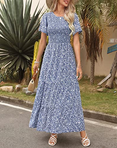Image of Kranda Women 2025 Summer Fall Crewneck Short Sleeve Smocked Floral Maxi Dress