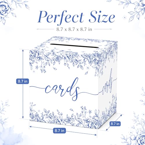 Image of Blue Floral Wedding Card Box with Slot for Baby Shower and Birthday | Roomy 8.7 Inch Cube Holds Cards and Envelopes While Keeping Gift Tables Neat at Weddings, Baby Showers and Birthday Parties