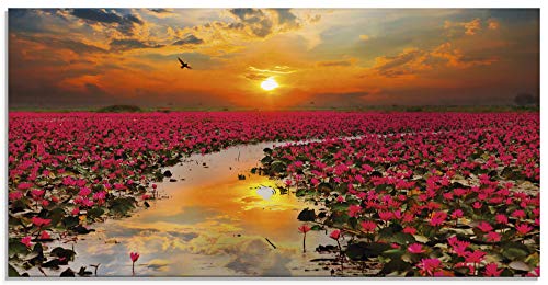 ARTland Wanddeko Glasbilder Wandbild Glas Bild einteilig 100x50 cm Querformat Natur Landschaft See Blumen Blüten Seerose Sonne Sonnenuntergang T9IA