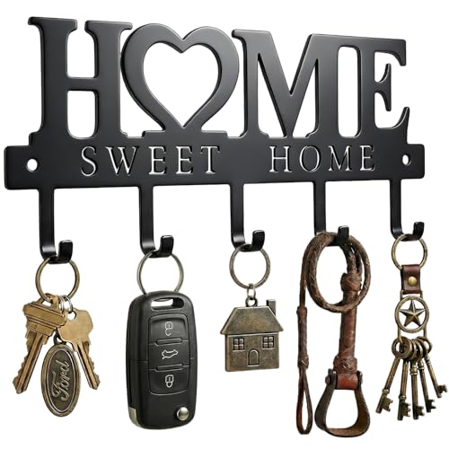 WIPHANY Entryway Wall Key Holder with 5 Hooks, Metal Key Rack Wall Mount for Keys, Bags and Leashes, Decorative Organizer for Entryway, Mudroom or Hallway, Sweet Home Design, 9.8 inches, Black