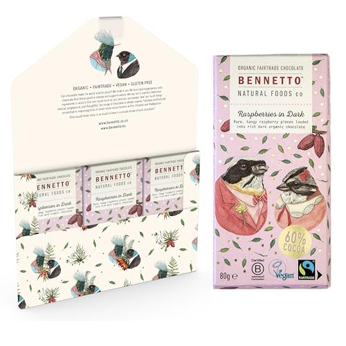 Raspberries in Dark Tangy raspberry pieces in rich dark chocolate. 60% cocoa. Certified organic, Fairtrade, and net climate positive. Beautiful gifts for everyone. 3x 80g Full Size Bars.
