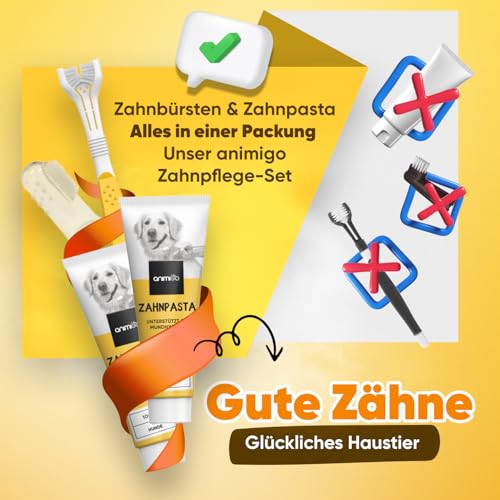animigo 2X Hundezahnpasta (je 100g), 1x dreiköpfige Hundezahnbürste & 1x Fingerzahnbürste - Gegen Plaque, Zahnstein und schlechten Atem - Hunde Zahnpflege für Zahnreinigung mit Zahncreme & Fingerling