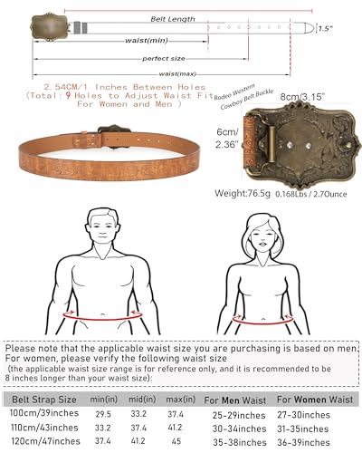 Image of Western Cowboy-Belts for Women Big-Buckle Longhorn-Bull PU-Leather Rodeo Cowgirl-Belt Engraved Floral - Waist 25-38 inch