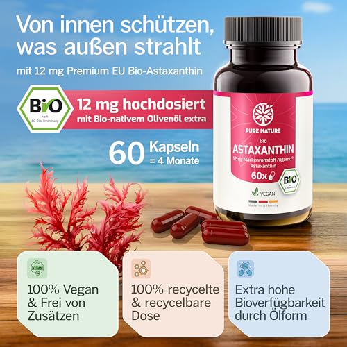Pure Nature Astaxanthin hochdosiert BIO 12mg - 60 vegane Kapseln EU-BIO zertifiziert & laborgeprüft - Premium Rohstoff - mit Bio-Olivenöl – Astaxanthin hochdosiert - Astaxantin