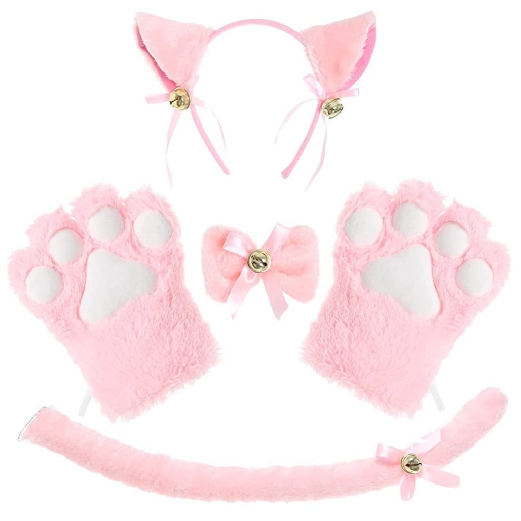 NASSMOSSE Cat Cosplay Set Plush Cat Ears Paws With Necklace And Tail For Halloween Christmas Party (pink)