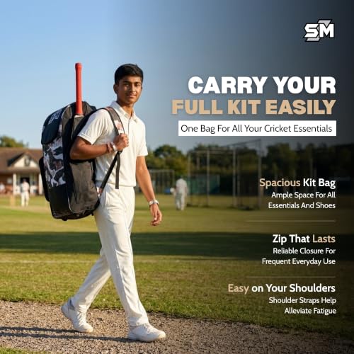 Image of SM Warrior Complete Cricket Kit for Men | Cricket Set | 8-Piece: Kashmir Willow Bat + Moulded Helmet + Calf Skin Gloves + Pads + Kit Bag + Thigh + Arm + Abdominal Guard | Mid-Range Club | Size SH