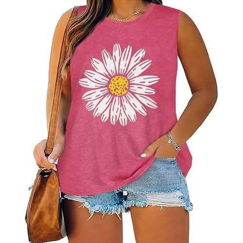 Plus Size Tops for Women Sleeveless Summer Tank Top Loose Casual Tunics Shirts, Red White Sunflower, XL