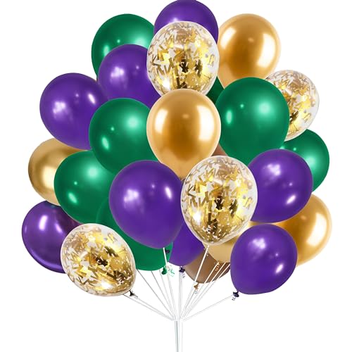 GiftExpress 50PC Purple Gold Green Mardi Gras Balloon 12 Inch Balloons and Gold Confetti Balloons for Carnival Mardi Gras Party Mermaid Party