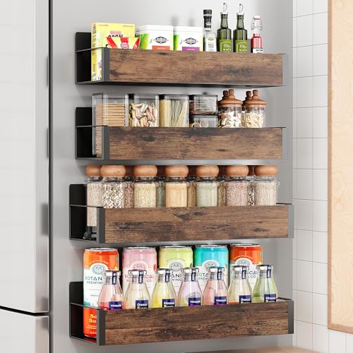 Vetacsion 4 Pack Moveable Fridge Magnetic Spice Racks,Metal(Wood)