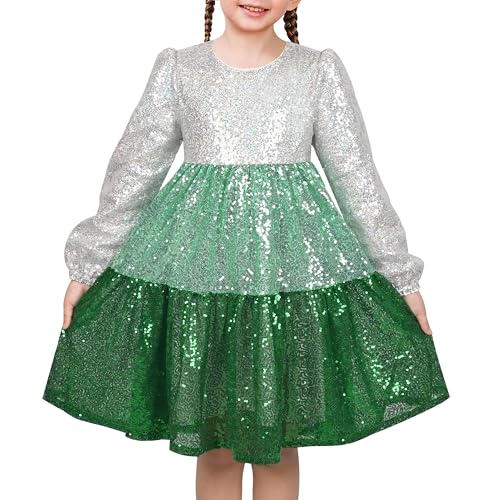 Sunny Fashion Girls Dress Silver Green Gradient Sequin Long Sleeve Tiered Festive Christmas Winter Size 6 Years