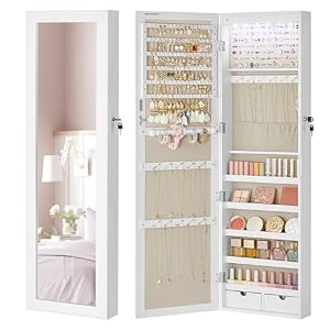SONGMICS Schmuckschrank hängend, Wandspiegel, 6 LED-Glühbirnen, abschließbarer Spiegelschrank, Wandschrank, Wandmontage, an der Tür hängend, weiß mit Holzmaserung-beige JJC093W01, 10x20 cm