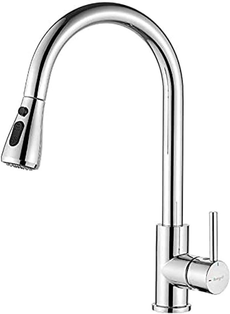 Ibergrif M22136 Kitchen Sink Taps Mixer with Pull Out Spray, High Arc with Dual Spray Mode, Single Handle Lever with UK Standard Fittings, Chrome