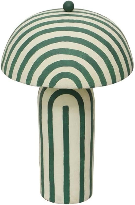 Pemberly Row Contemporary Table Lamp, Striped Papier Mache, Dark Green Finish, Handmade Artisan Design, Domed Lampshade, Orb Finial, UL Listed Plug-in, Decorative Accent Lighting for Home Spaces