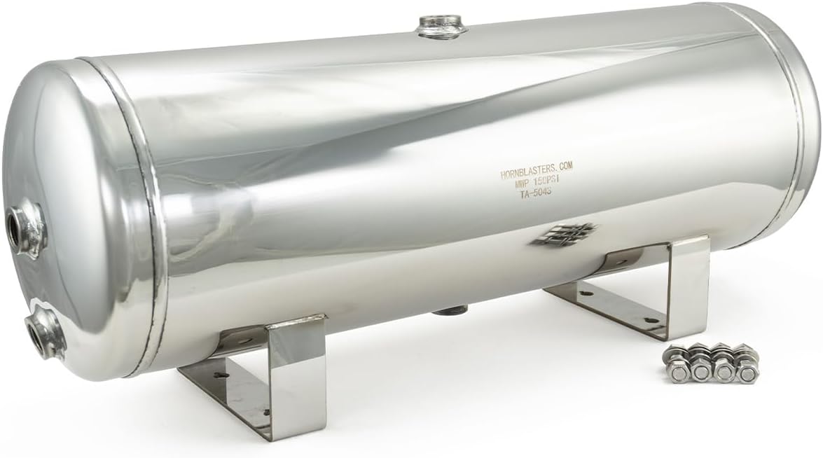 HornBlasters Black Widow 5-Gallon Stainless Steel 6-Port Air Tank - 4x 1/2" & 2x 1/4" NPT Ports, 150 PSI Rust-Resistant